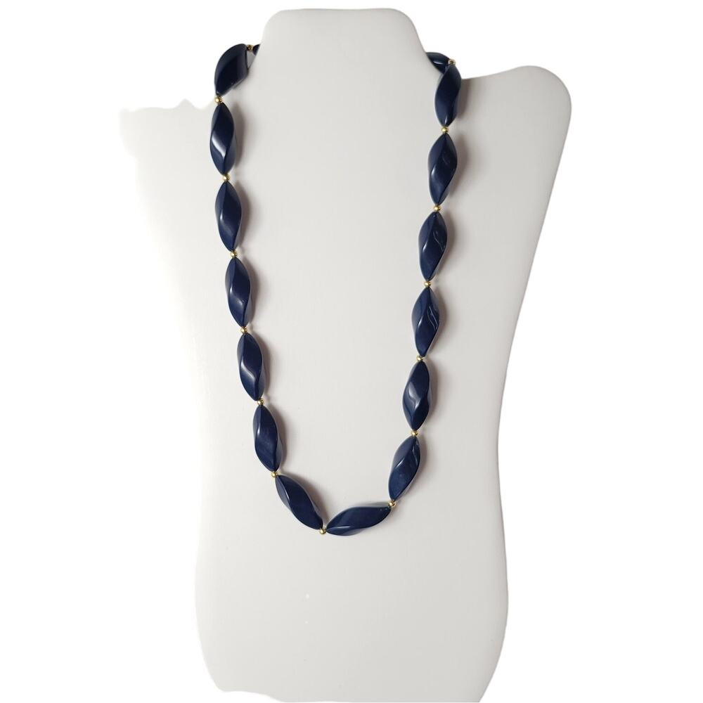 Vintage Trifari Navy Blue Twisted Bead Necklace 24" Gold Clasp